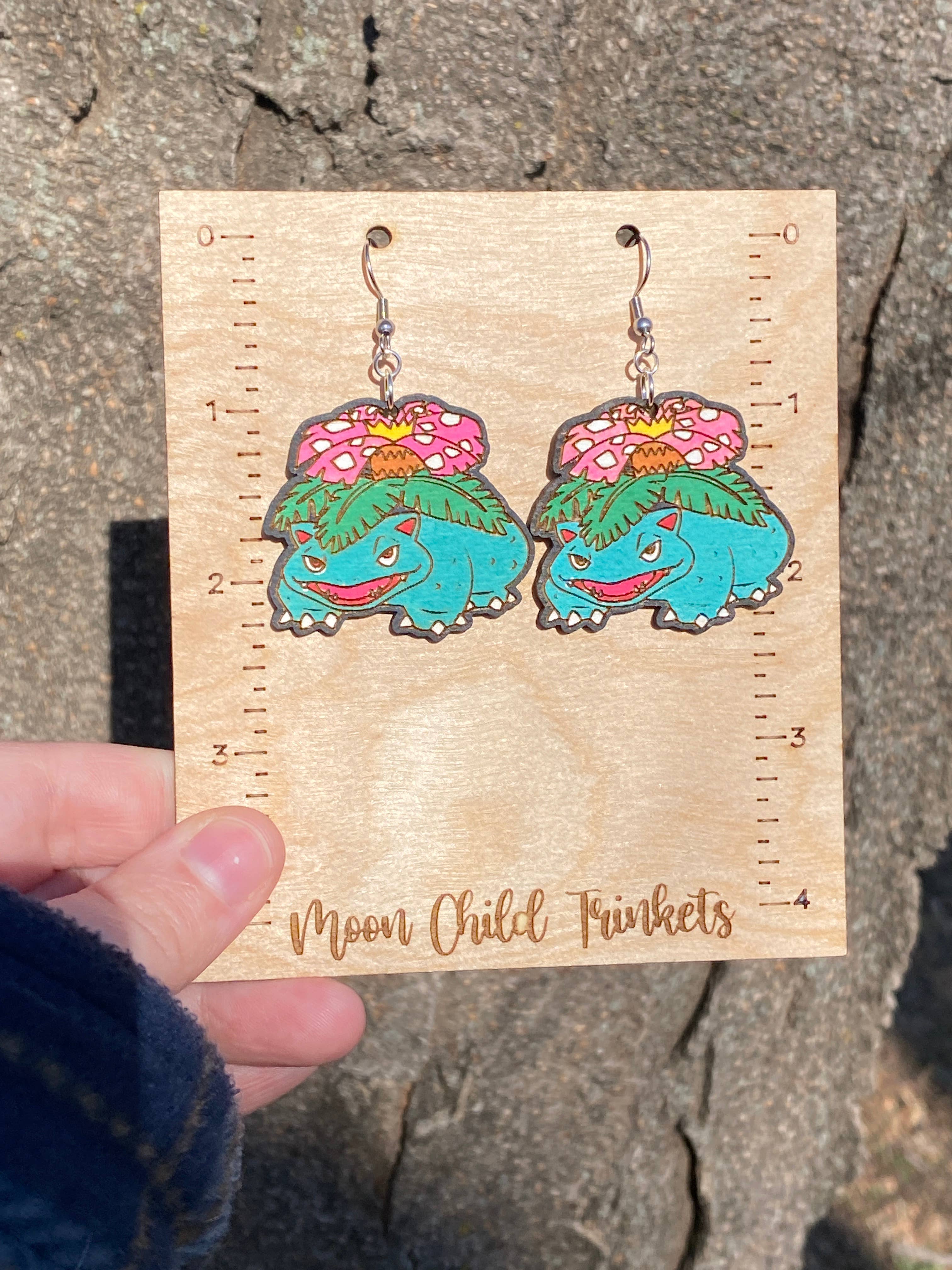 Moon Child Trinkets - Wholesale Dangle Earrings - Venusaur Pokemon Hand Painted Wood Dangle Earrings2