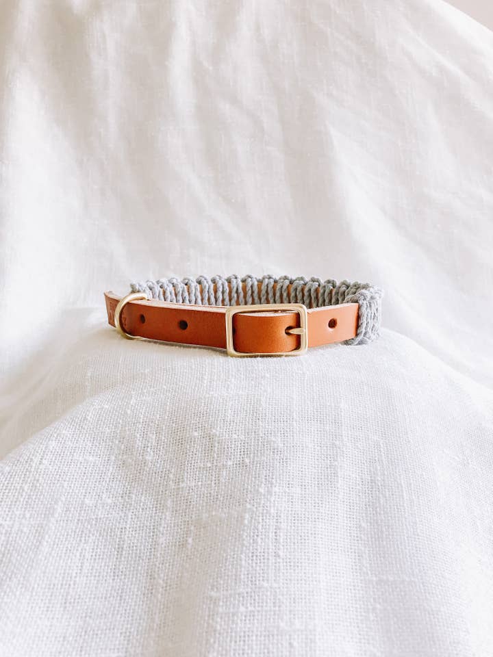 Caramel/Gray Macrame & Leather Dog Collar for wholesale by EMBER & IVORY