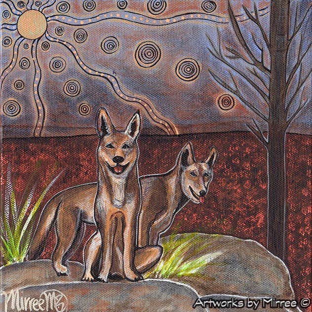 AUSTRALIAN WILD DINGO BY ROCK Indrammet lærred Print af Mirree Contemporary Aboriginal Art for engroshandel hos Art by Mirree