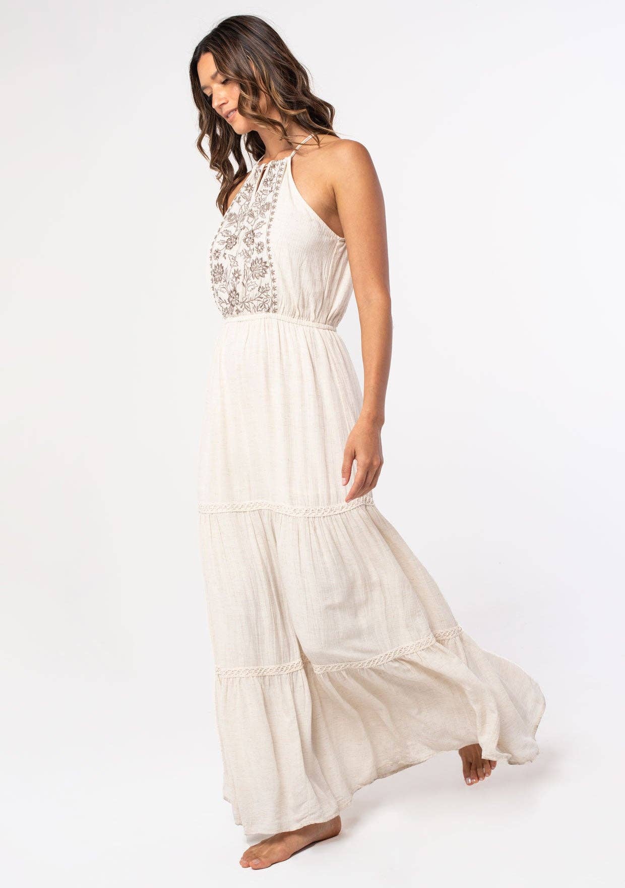 Lovestitch - Wholesale Dress - Women's - Linen Blend Embroidered Halter Tiered Maxi Dress2