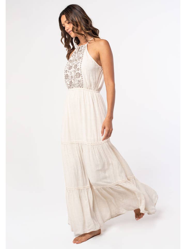 Lovestitch - Wholesale Dress - Women's - Linen Blend Embroidered Halter Tiered Maxi Dress2