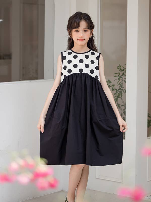 Black Hot Selling Summer Kids Girls Fashion Style Polka Dots Sleeveless Color Patchwork Dress for wholesale on Faire2
