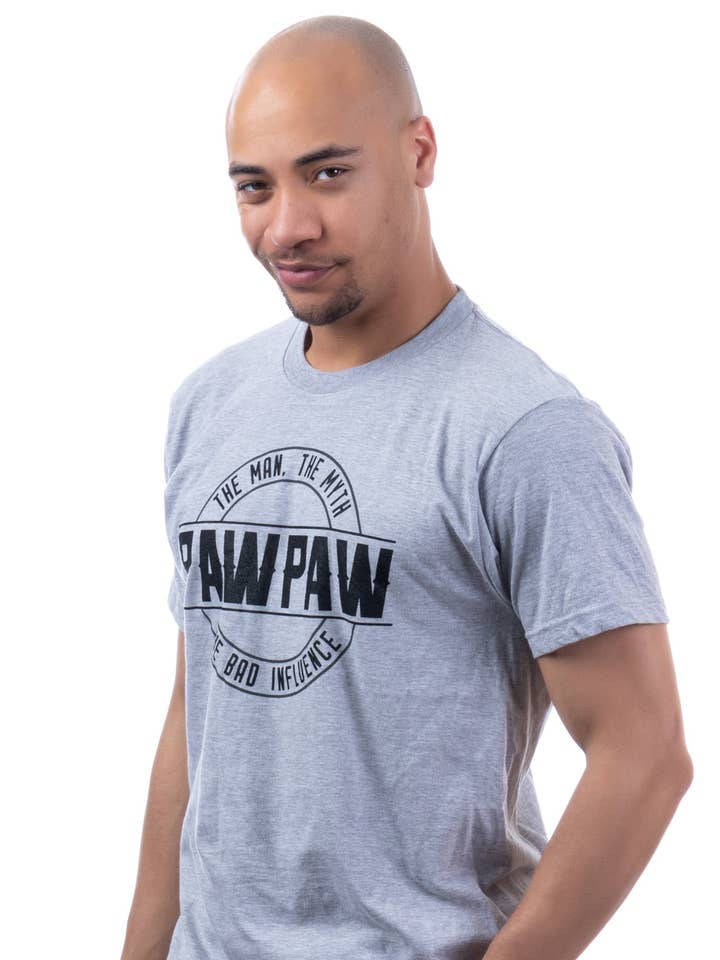 Heather Grey Pawpaw: Man, Myth, Bad Influence | Funny New Baby Grandparent Humor Joke Graphic Men Paw Paw T-Shirt for wholesale on Faire0