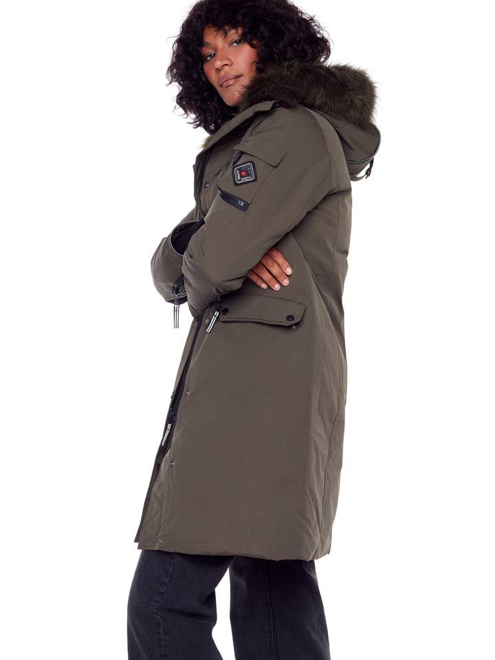 LAURENTIAN | WOMEN'S VEGAN DOWN (RECYCLED) LONG PARKA, OLIVE for wholesale on Faire2