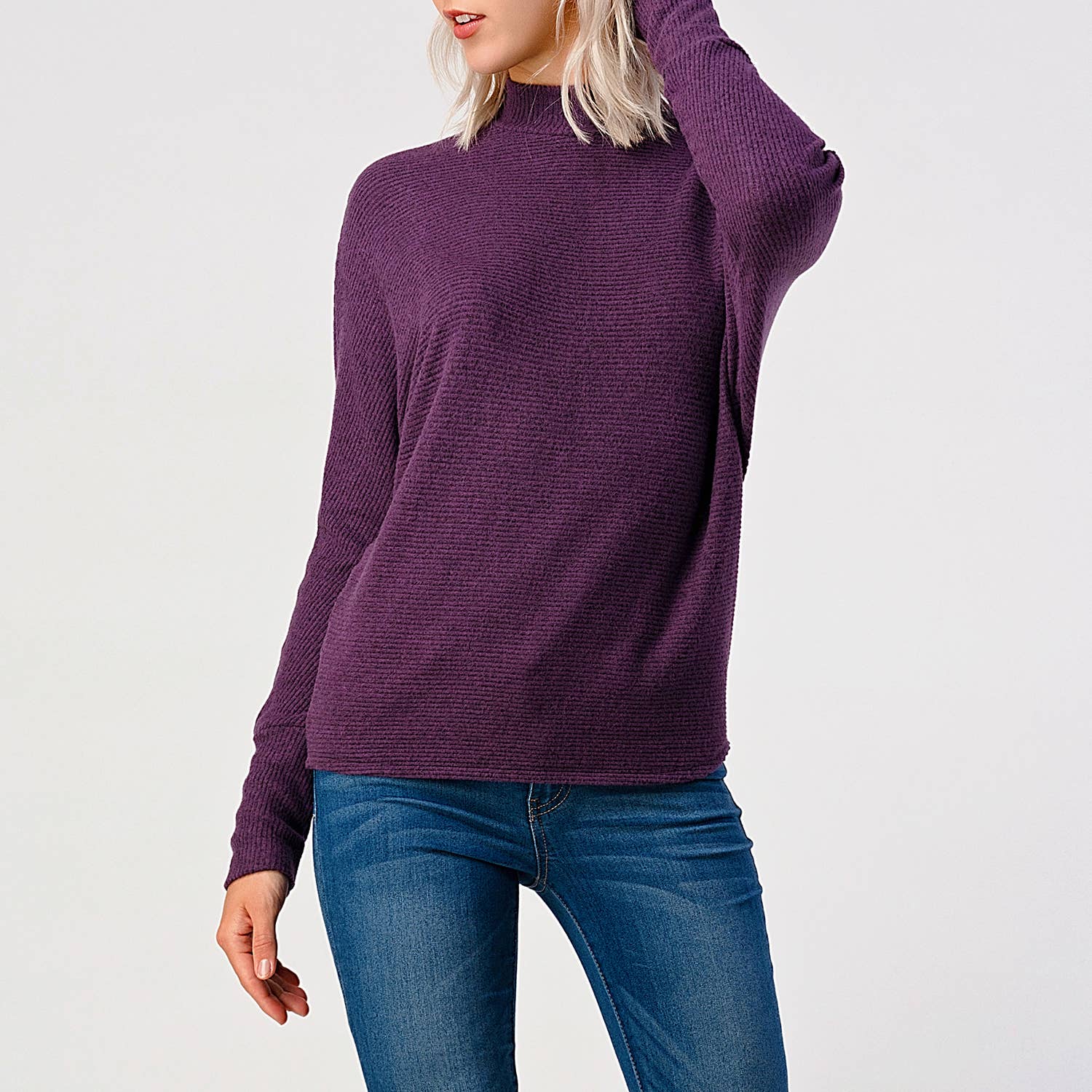 Heimious - Wholesale Knit Top - Women's - Mock Neck Long Dolman Sleeve Ribbed Knit Top, T26172