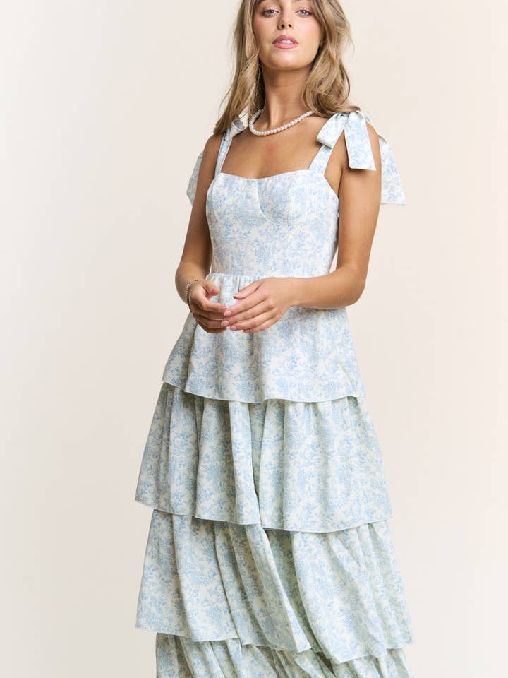J.NNA - Wholesale Dress - Women's - Sweetheart Neckline Floral Print Tiered Midi Dress S-L