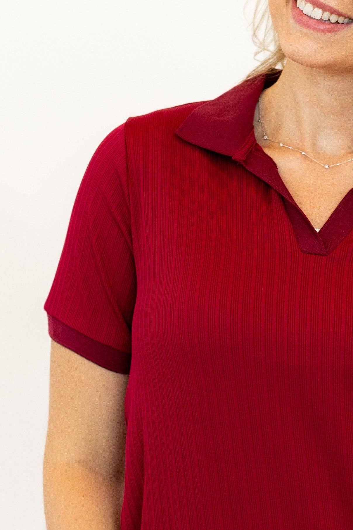 Red Rib Knit Polo Top, Maroon for wholesale on Faire10