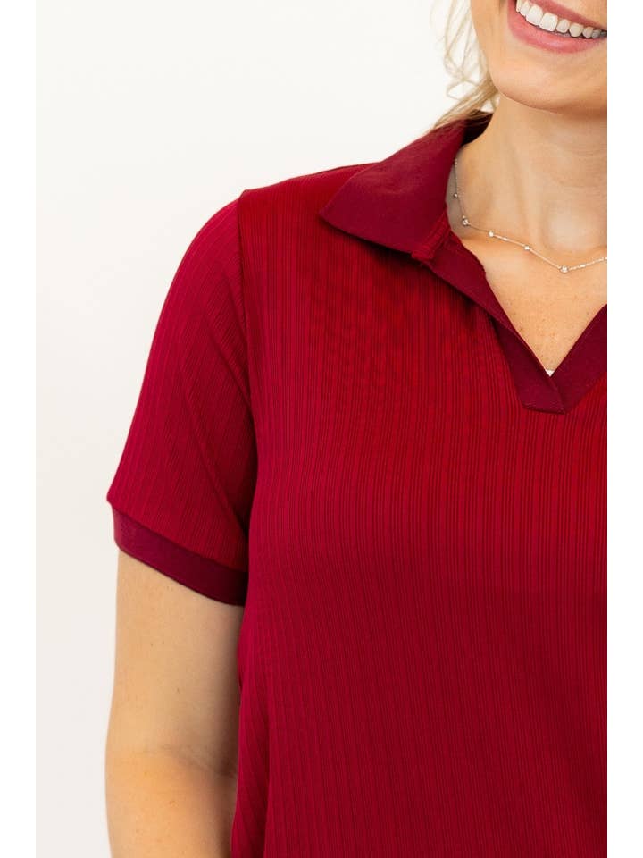 Red Rib Knit Polo Top, Maroon for wholesale on Faire10