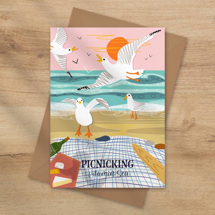 Picnicking Coastal card seaside greeting card seagull cards for wholesale by Onneke