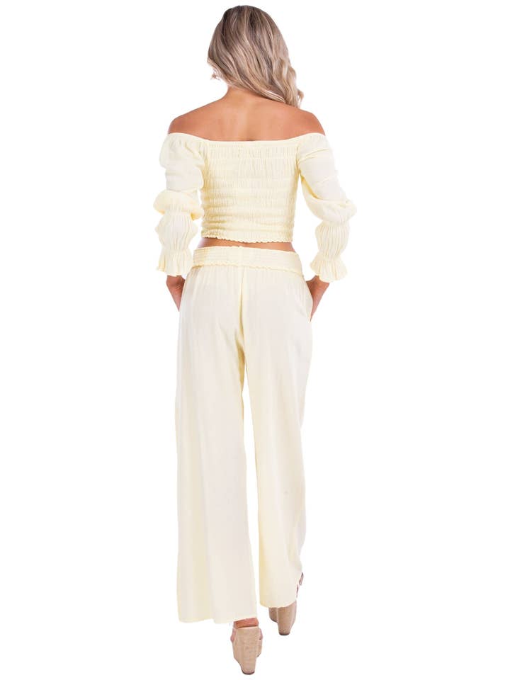 Smocked Waist Cotton Wide Leg Pants - Baby Yellow for wholesale on Faire3