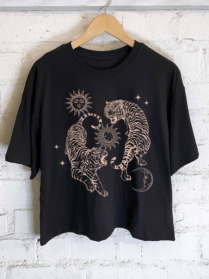 Rustee Clothing - Wholesale Screen Printed T-Shirt - Women's - SUN AND MOON TIGER GRAPHIC LONG CROP TOP
