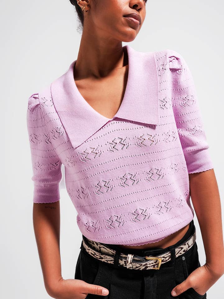 Knitted pointelle polo neck jumper in pink for wholesale by Q2—All Orders:Free Duties for the US,UK,and Canada