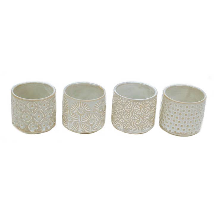 Will's Company - Wholesale Plant Pot - Ceramic Pots with Embossed Design, Ivory in 4 styles - 3"