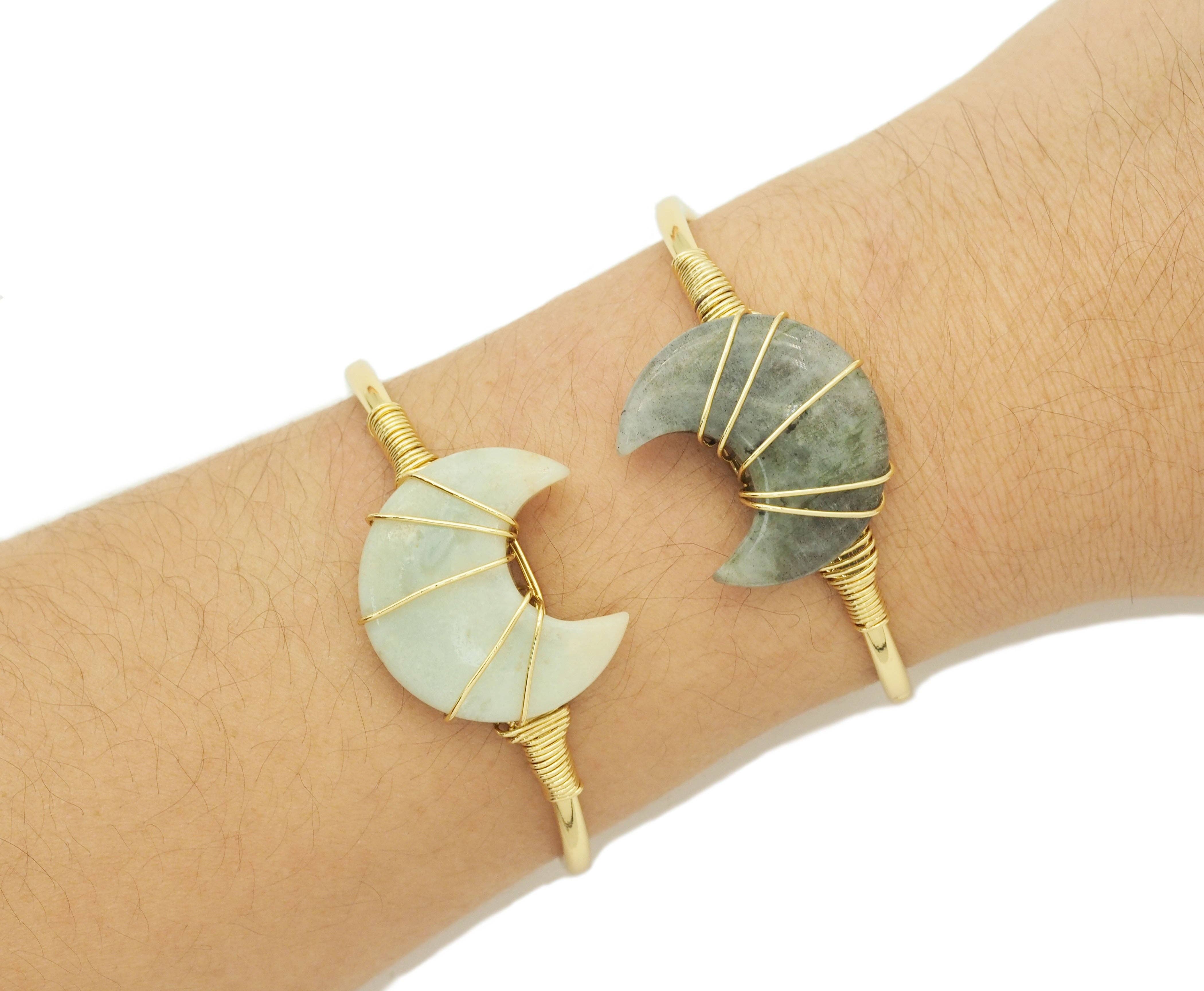 BestBeads&Beyond - Wholesale Cuff Bracelet - Gemstone Moon Shape Wire Trapped Cuff bracelet, sku#LY254