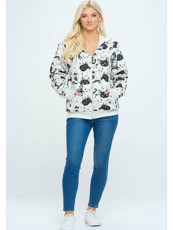 LA Soul - Wholesale Hoodie - Women's - Crystal Cat Print Zipper Hoodie