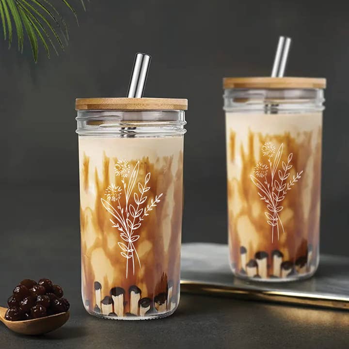 Grace and Joy Company - Wholesale Drinking Glass/Cup - Floral Bouquet Glass Tumbler + Bamboo Lid