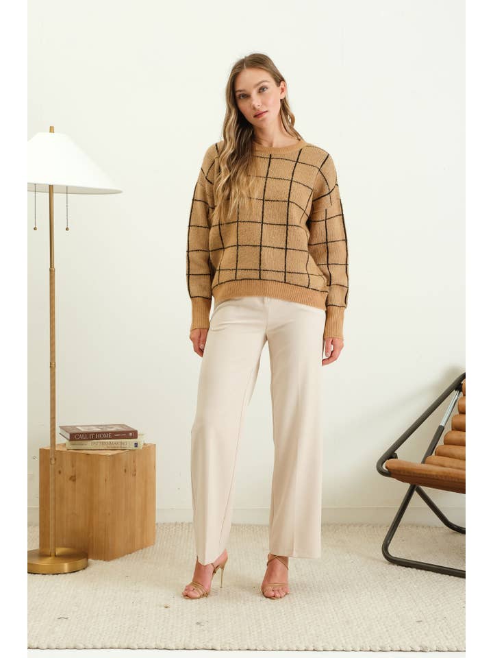 The Workshop Studio - Wholesale Knit Sweater - Women's - GRID PRINT CREW NECK KNIT PULLOVER SWEATER