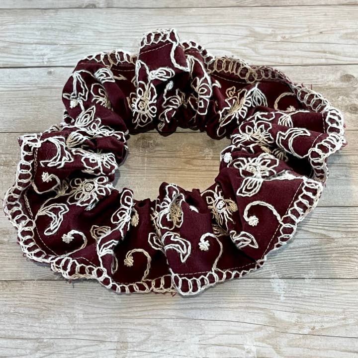 Scrunchie Vintage Burgundy and Cream Floral Embroidery for wholesale by Open Window Studios