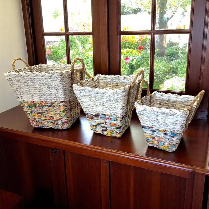 Multicolor Woven Basket - Recycled Paper for wholesale by The Upcycled Paper Company
