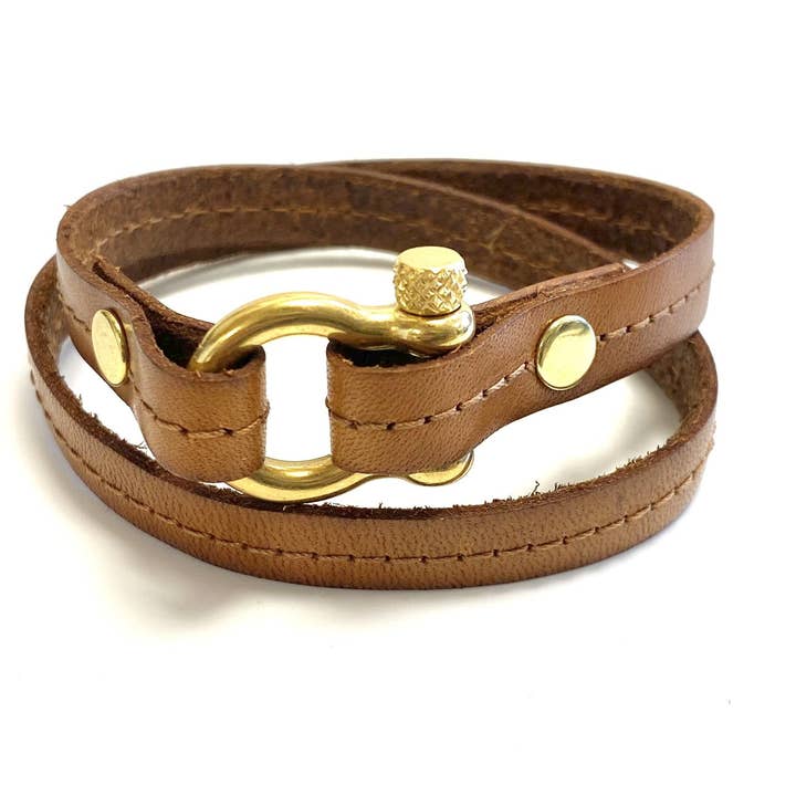 Hermes style leather bracelet cognac with gold harp clasp for wholesale by Chic Le Freak