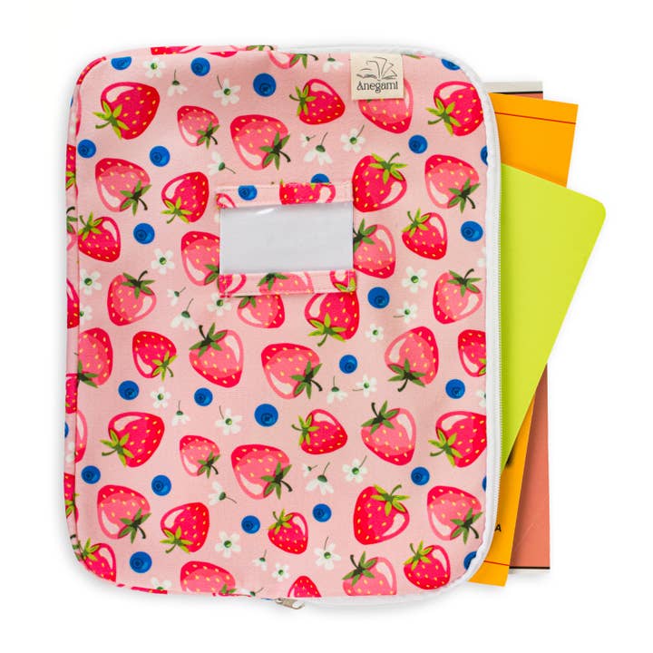 Strawberry Fabric textbook folder with zipper for wholesale by Anegami Bookish Boutique