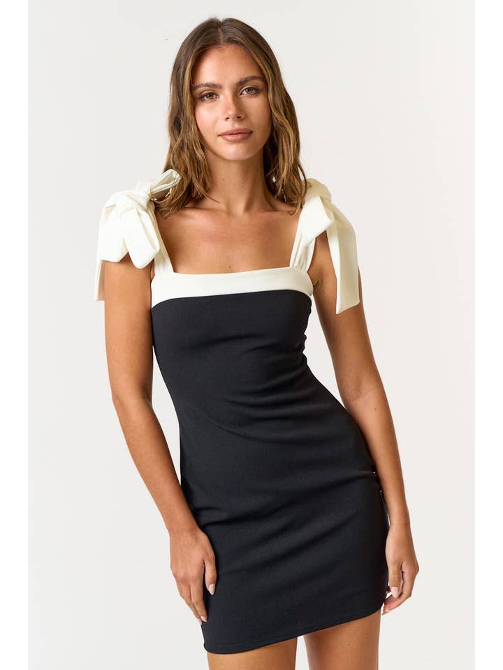 Blue Blush - Wholesale Dress - Women's - BD24702 CONTRAST BOW TIE MINI BODYCON DRESS