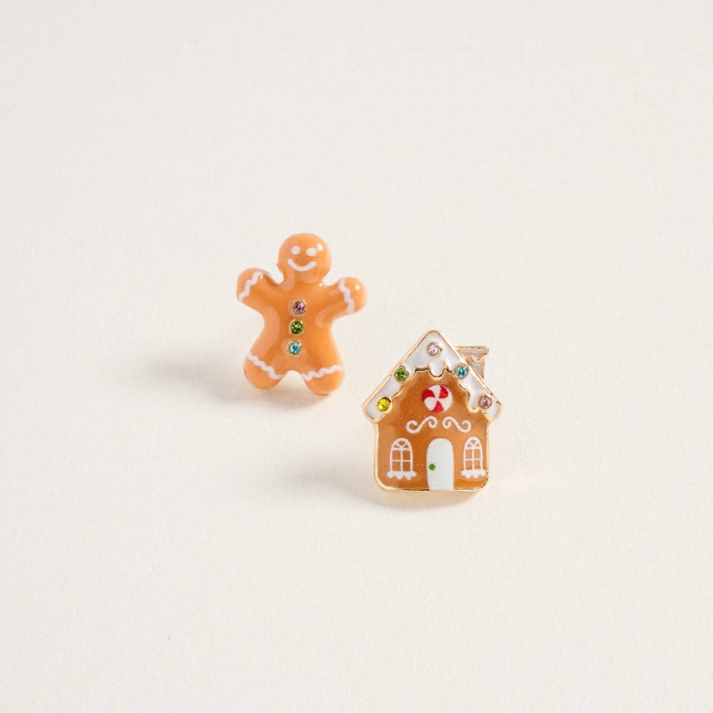 Gold Gingerbread Man House Rhinestone Post Earrings for wholesale on Faire0