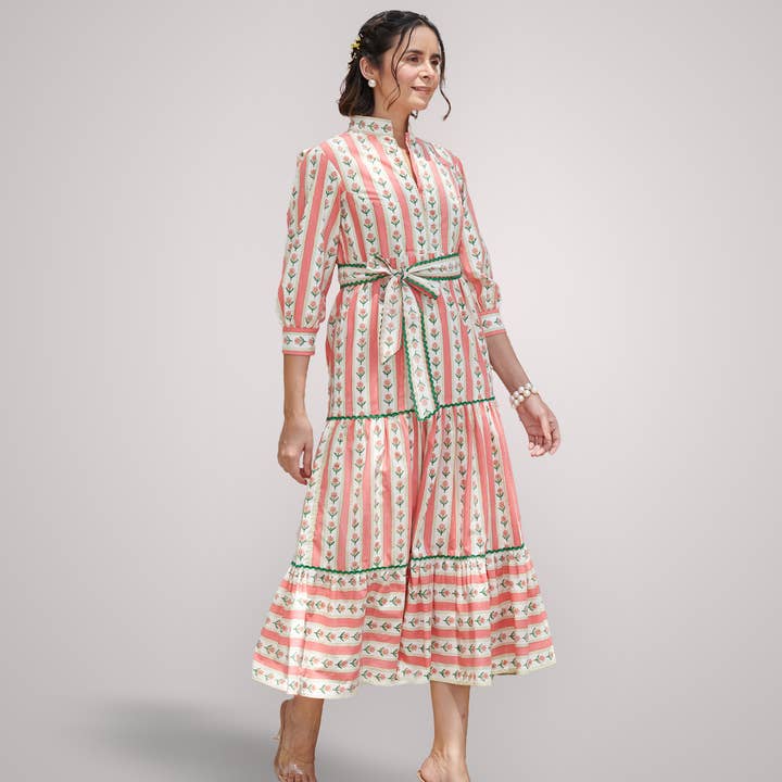 Vestido Midi | Pêssego/Verde | Vestido com Estampa em Bloco | Vestido Maple por atacado de Echo of Pink