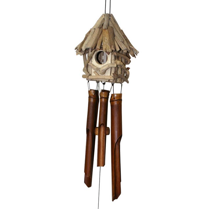 Driftwood Birdhouse Bamboo Wind Chime for wholesale by Cohasset Gifts