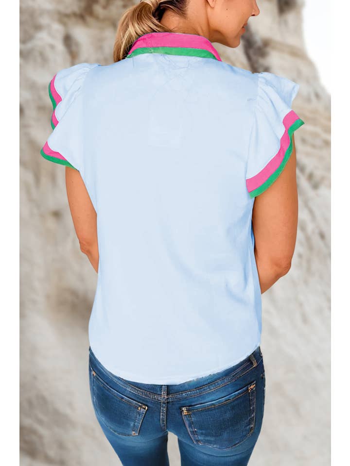 Aapparella - Wholesale Blouse - Women's - Colorblock Ruffle Sleeve V Neck Blouse | S-XL