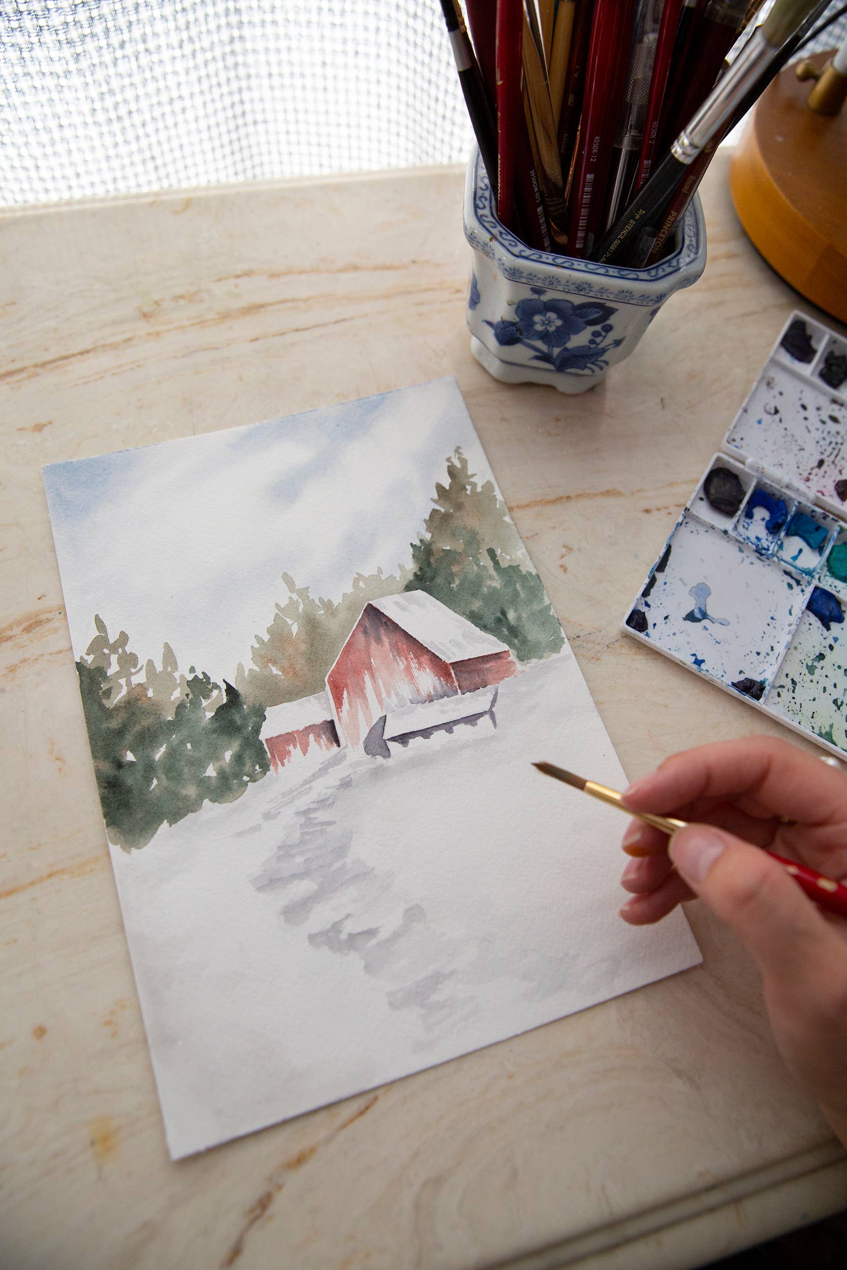 Sarah Jane Studio Art - Wholesale Art Print - Red Barn Winter Landscape Watercolor Print4