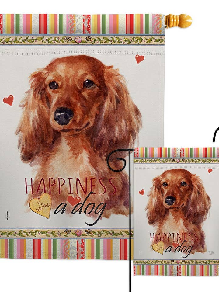 Long Hair Dachshund Happiness Animals Dog Decor Flag for wholesale by Two Group Flag Co