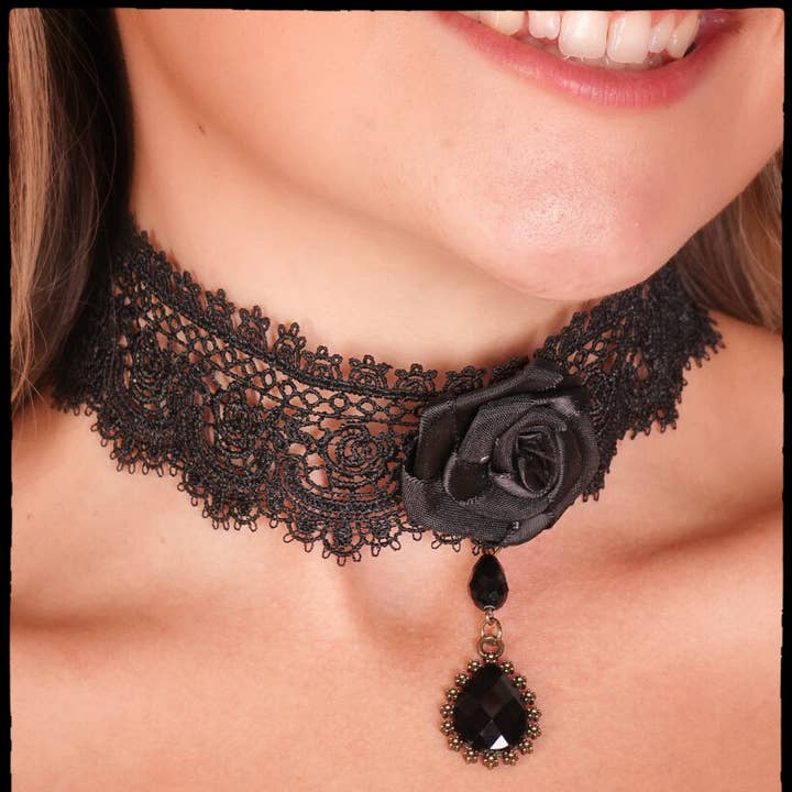 68716 - Victorian black lace rose choker for wholesale by Western Fashion