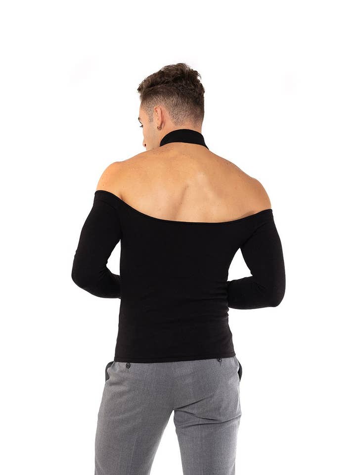 Black Long Sleeve Choker Neck Sweater with Zipper for wholesale on Faire1