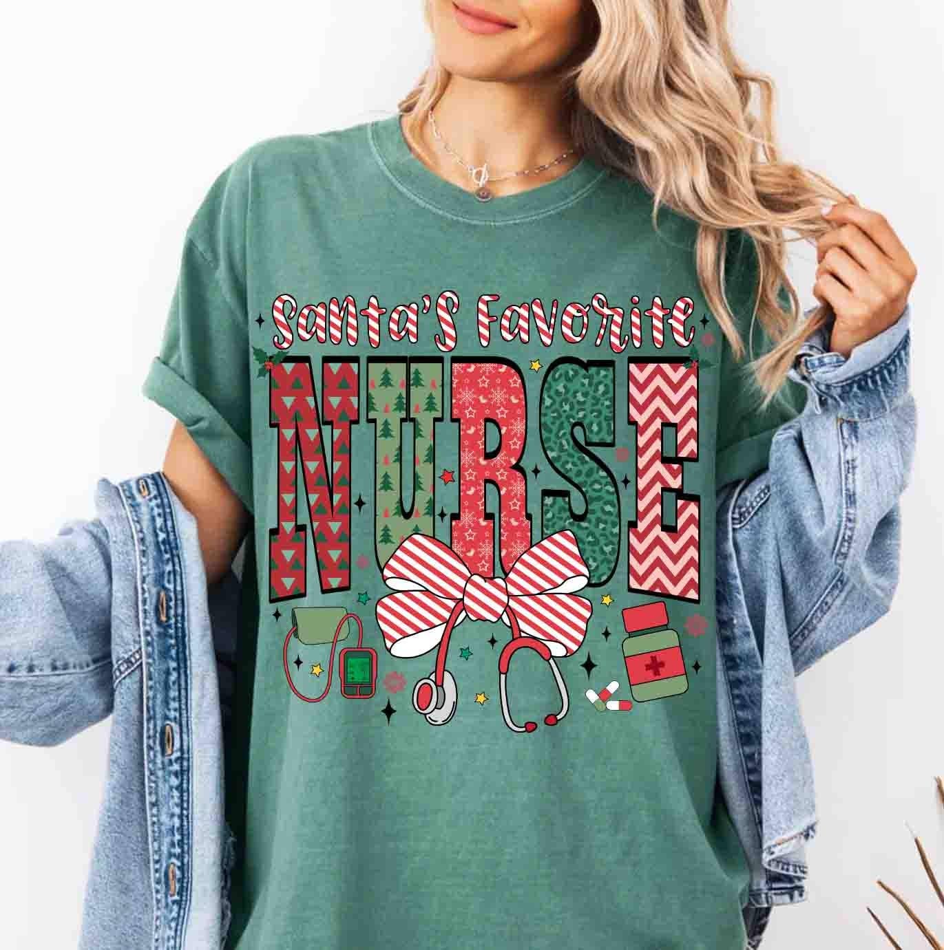 NVC Ecommerce LLC - Wholesale T-Shirt (Graphic) - Women's - Santa’s Favorite Nurse Shirt, Christmas Nurse Sweater2