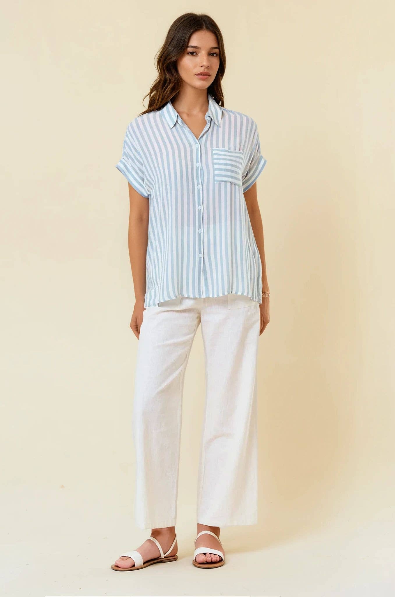 White Dusty Blue Striped Short Sleeve Shirt With Rolled Cuffs - 41321T for wholesale on Faire4