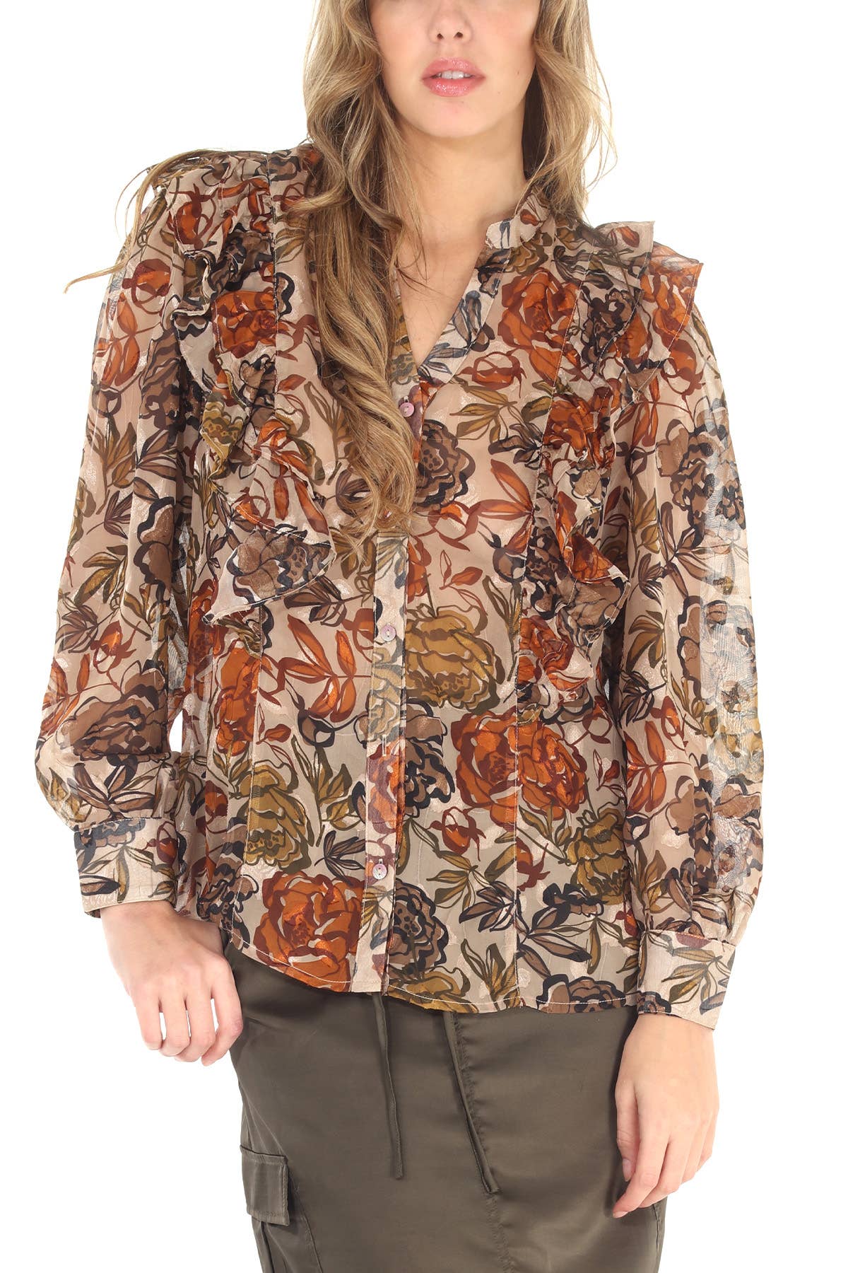 4543-MAT Floral Print Devore Ruffle Trim Blouse - Unlined for wholesale on Faire3