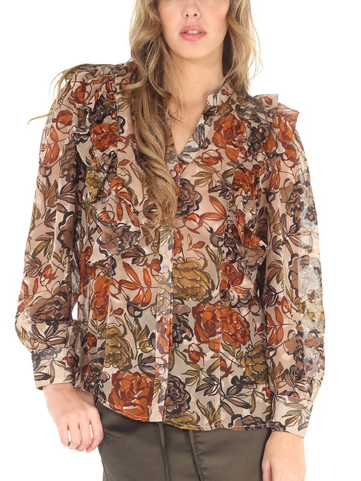 4543-MAT Floral Print Devore Ruffle Trim Blouse - Unlined for wholesale on Faire3