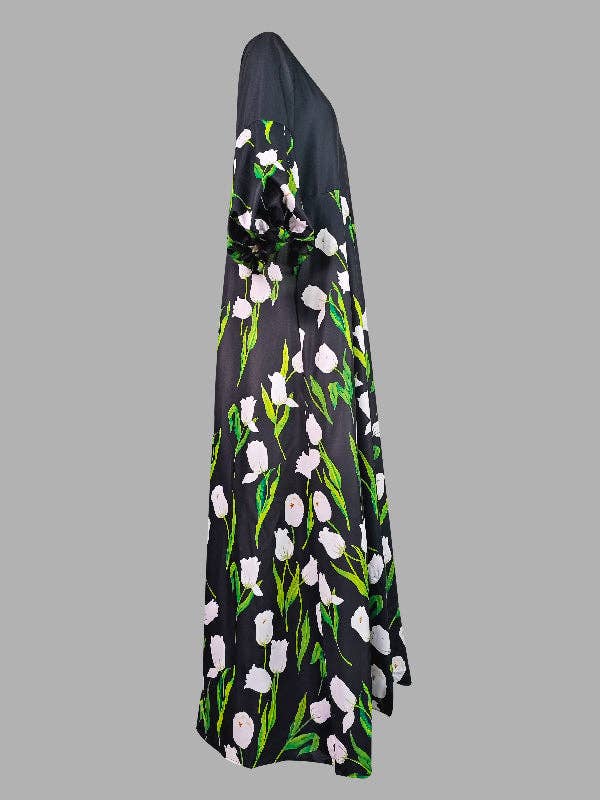 NOIR Manteaux Trench à Manches Longues Amples Imprimés Floraux Plissés à Fente et Col Montant en vente sur Faire4