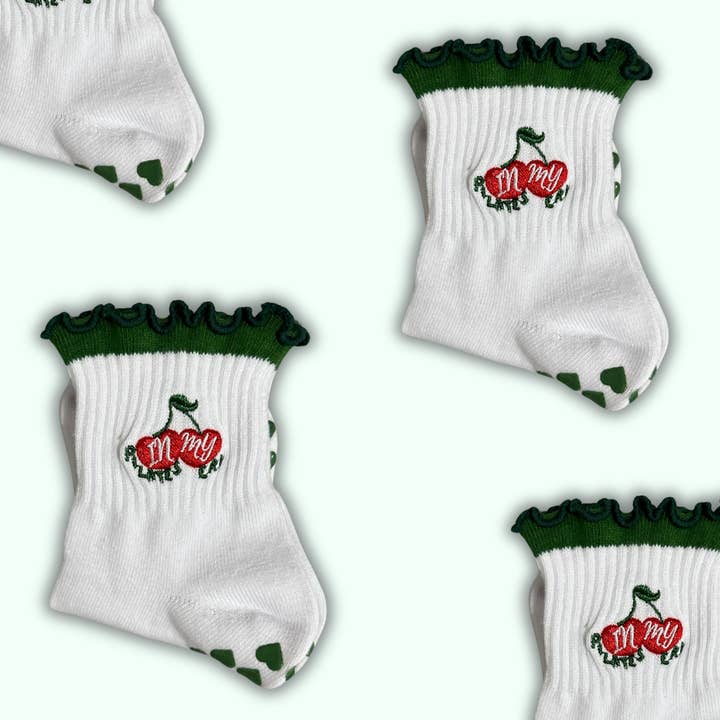 Green ruffle cherry grip sock "in my Pilates era" grip sock for wholesale by MollyGraceGripSocks