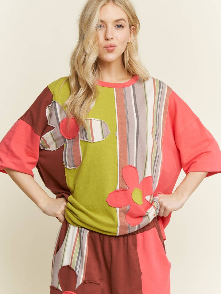 Top casual lavado con parche de flores a rayas HT6434 para venta al por mayor de J.Her