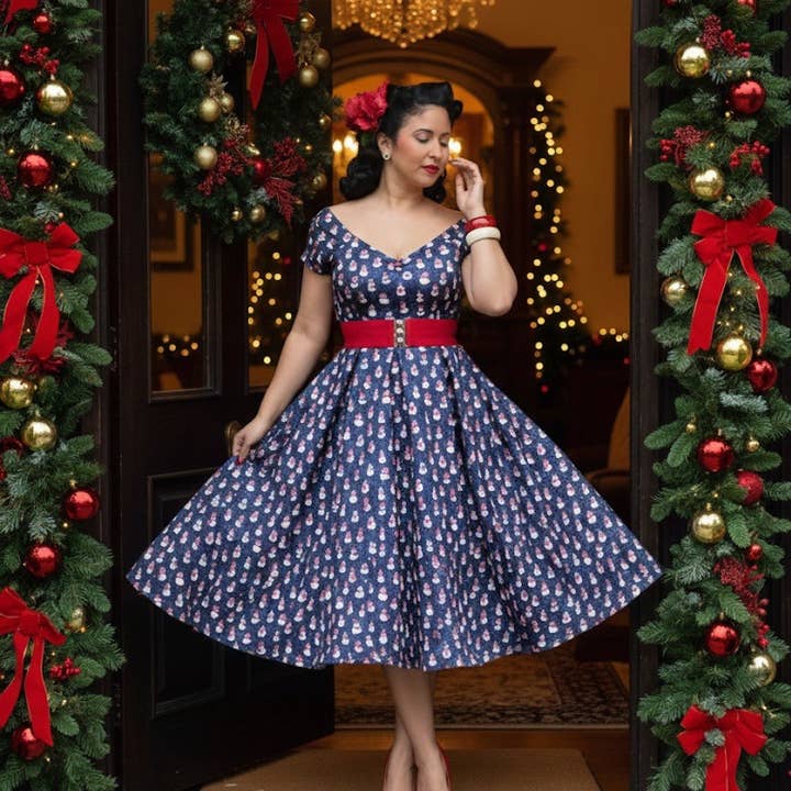Lily Purple Off Shoulder Polka Dot Print Christmas Dress for wholesale by Dolly & Dotty