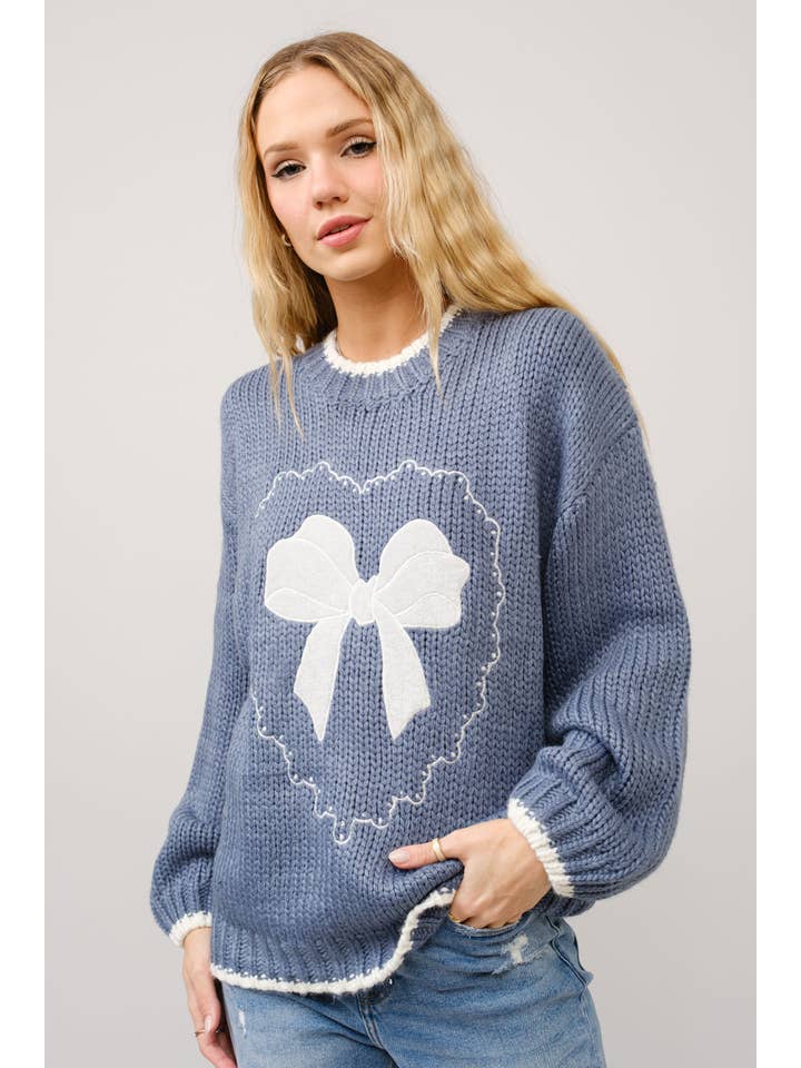 NAVY 18097W - Bow Embroidered Loose Fit Sweater for wholesale on Faire