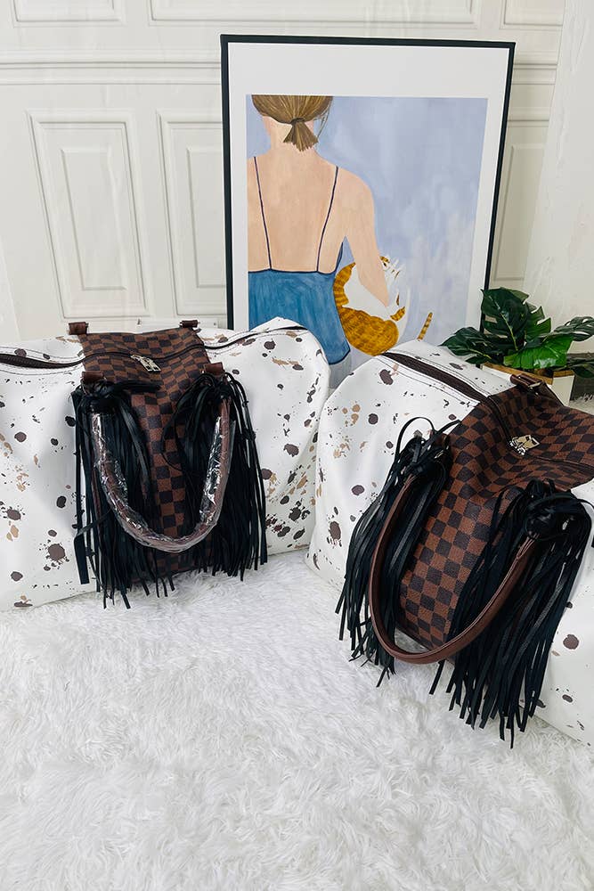 UNISHE - Venta al por mayor Bolsa de viaje - Mujer - Bolso de fin de semana retro occidental con estampado de vaca y cuadros ACC7394