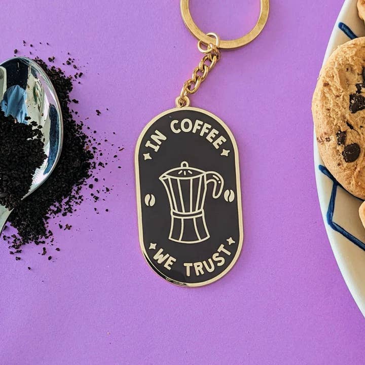 In Coffee We Trust Keyring for wholesale by Quinn's Pins