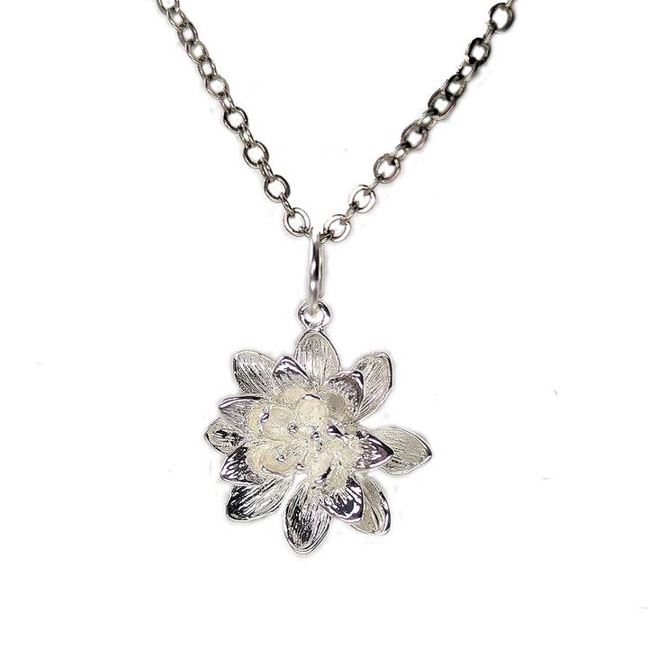 Real Platinum Plated Silver 3D Lotus Flower Necklace for wholesale by Stylish Jewelry Supply