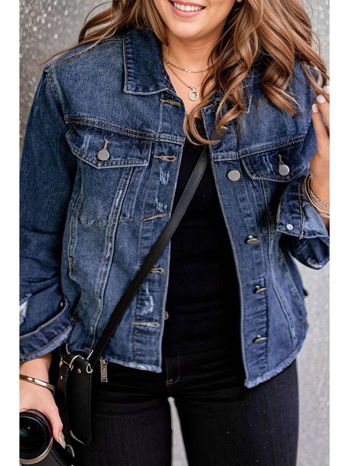 Blue Winter Distressed Raw Hem Buttons Denim Jacket(S-XL) for wholesale on Faire