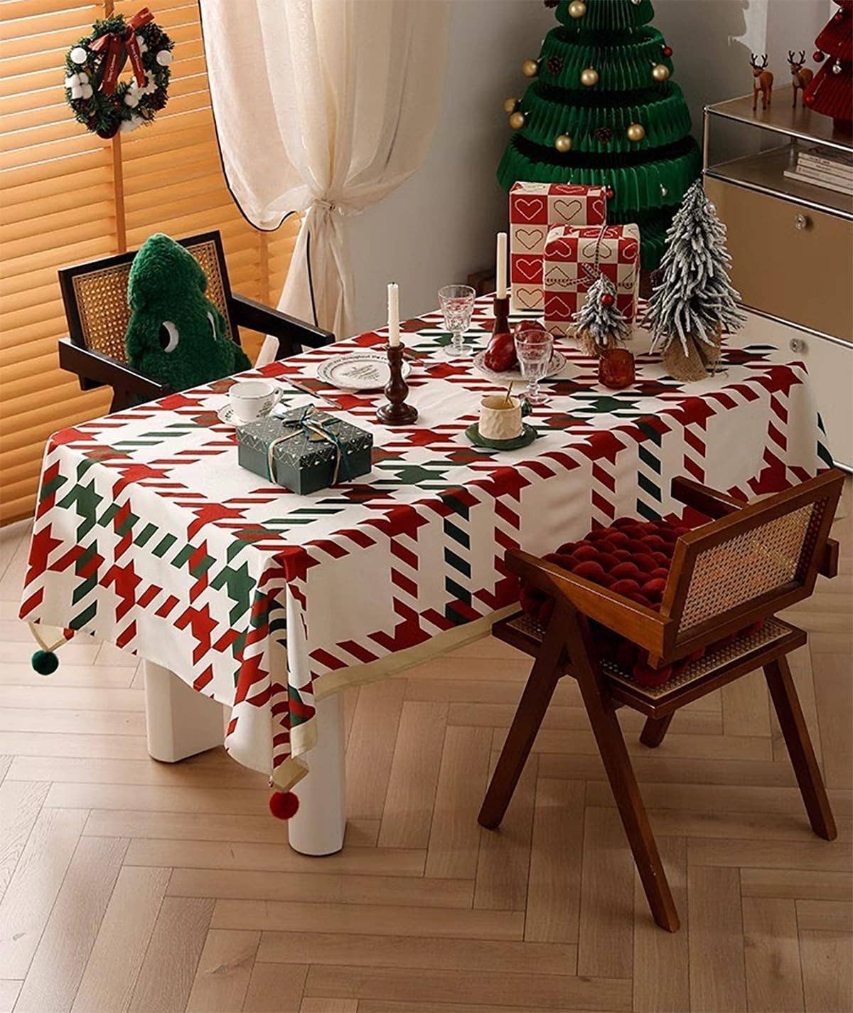 Fennco Styles - Wholesale Tablecloth - Classic Plaid Holiday Tablecloth with Pom-Poms6