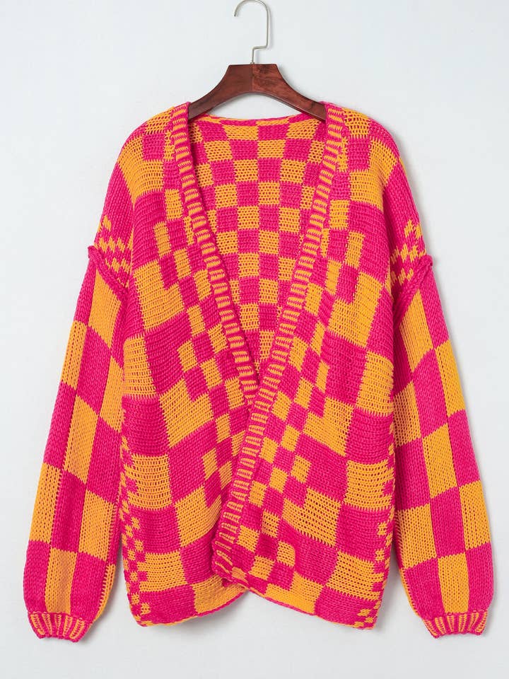 Multicolor Open Front Mixed Checkered Pattern Knit Cardigan for wholesale on Faire5