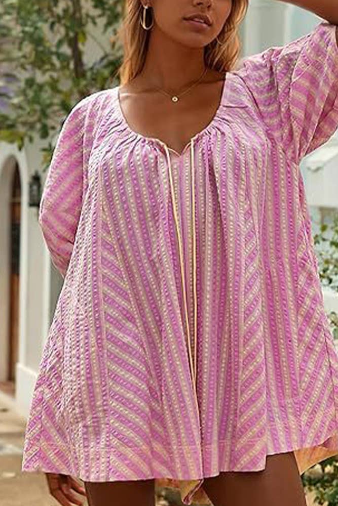 UNISHE - Wholesale Romper - Women's - Striped U Neck Front Tie Loose Romper ZK17015